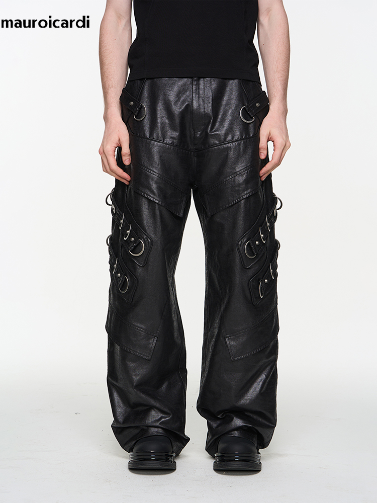 Leather Work Pants - Mauroicardi celana motor kulit Pu panjang