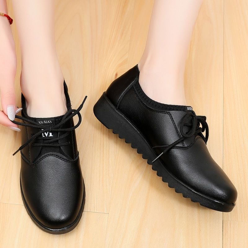 Leather Work Flats Women - Sepatu Oxford Hitam Polos Wanita, Sepatu