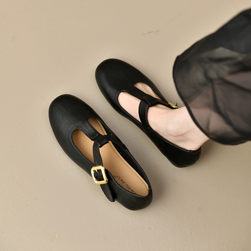 Leather Work Flats Women - Sepatu Wanita T-Strap Mary Jane Flats