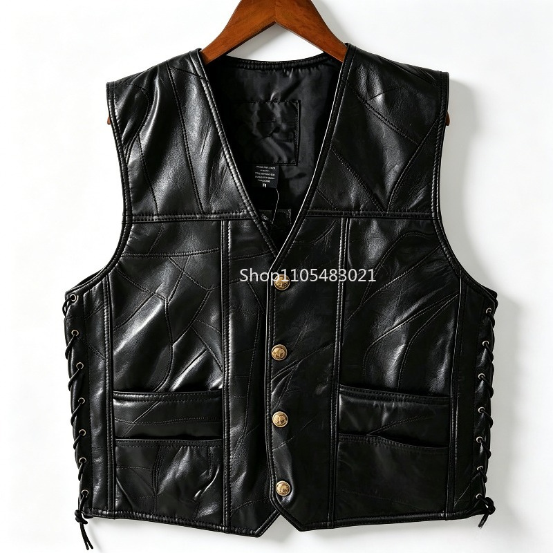 Leather Work Jacket - Rompi Kulit Hitam Pria Model Patchwork,