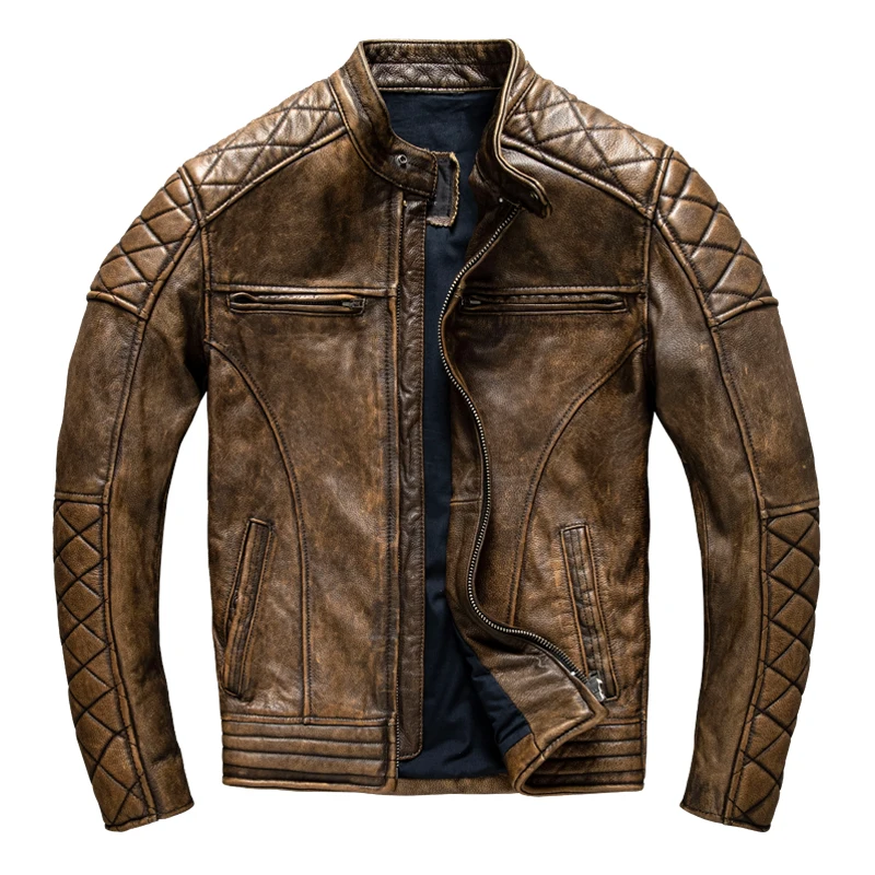 Leather Work Jacket - Jaket Kulit Pria Vintage Kuning Coklat
