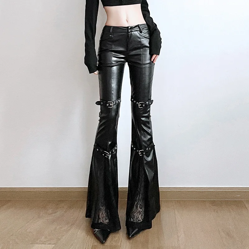 Leather Work Pants - Celana Kulot Kulit PU Wanita, Gesper