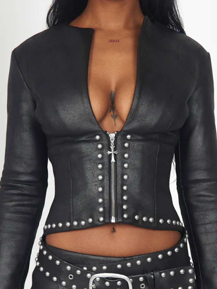 Setelan Rok Jaket Kulit PU Hia - Leather Work Jacket ulasan dan harga