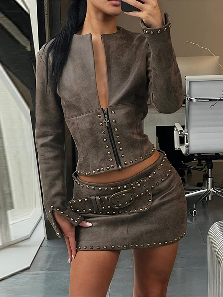 Setelan Rok Jaket Kulit PU Hia - Leather Work Jacket ulasan dan harga