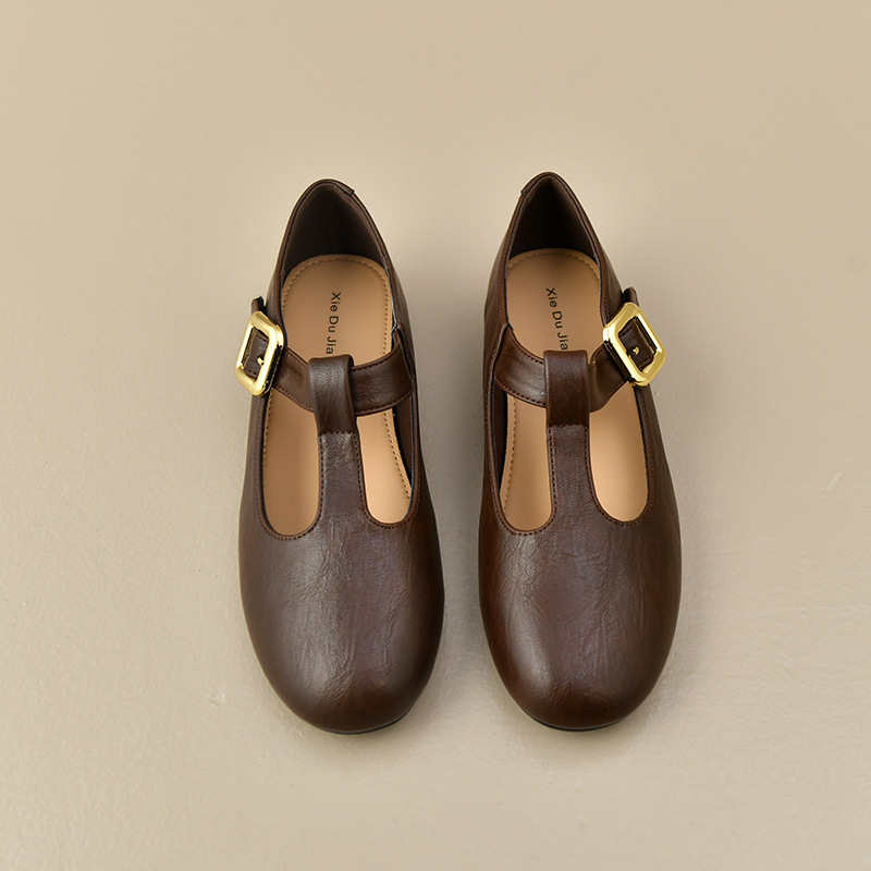 Sepatu Wanita T-Strap Mary Jan - Leather Work Flats Women ulasan dan harga