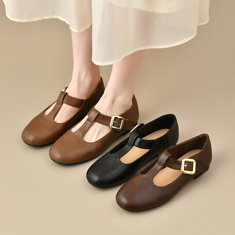 Sepatu Wanita T-Strap Mary Jan - Leather Work Flats Women ulasan dan harga